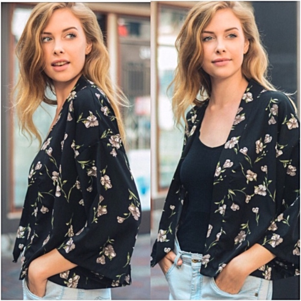 Boho Chic Black Floral Lightweight Cardi Kimono - Picture 2 of 6